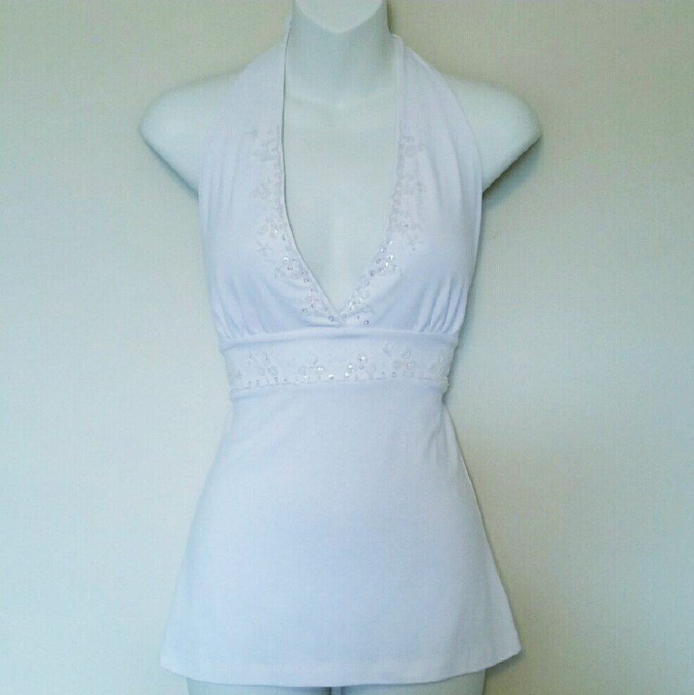 White beaded halter top